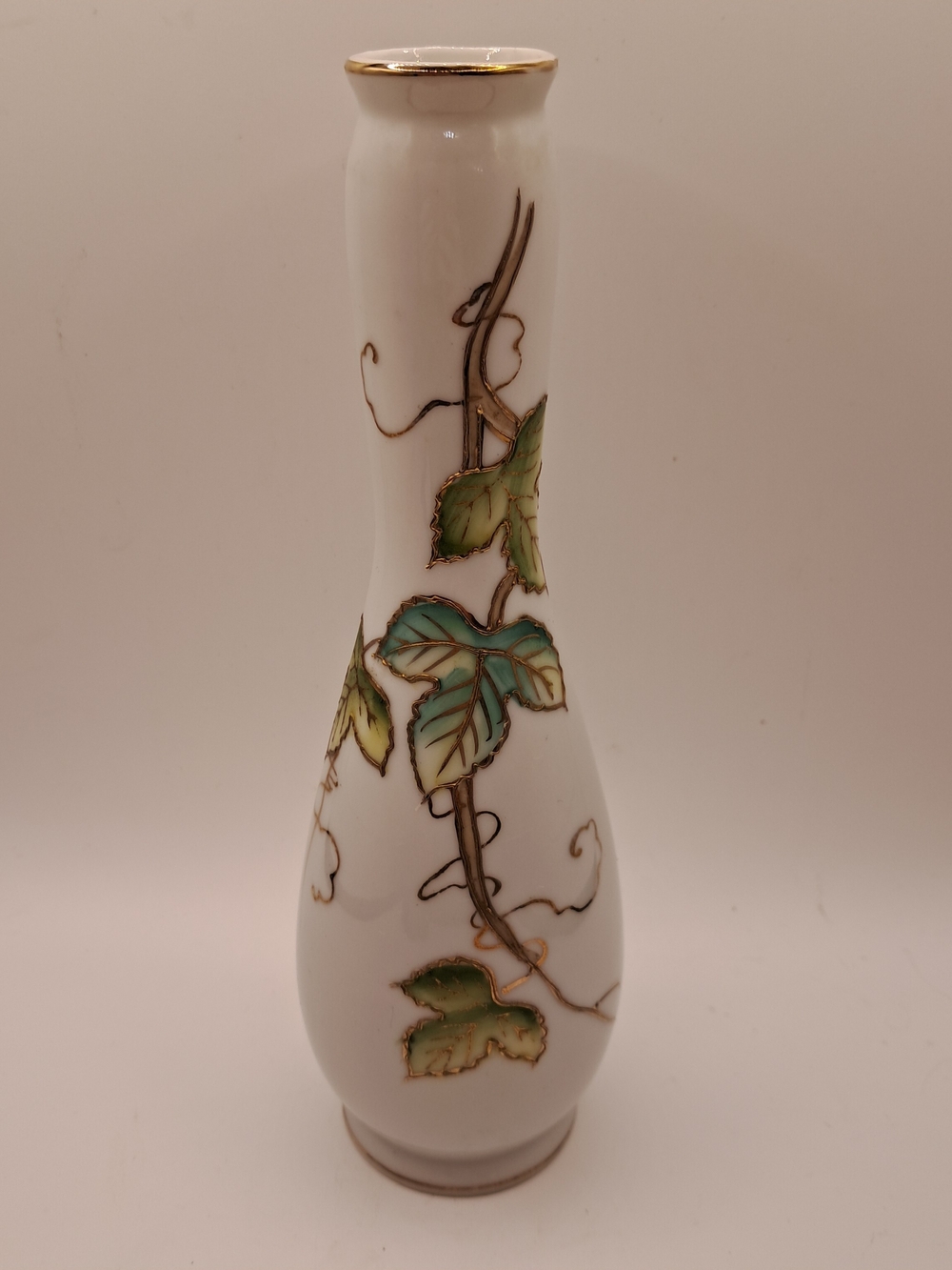 White Porcelain Leaf-Accent Decorative Vase with Gold Trim